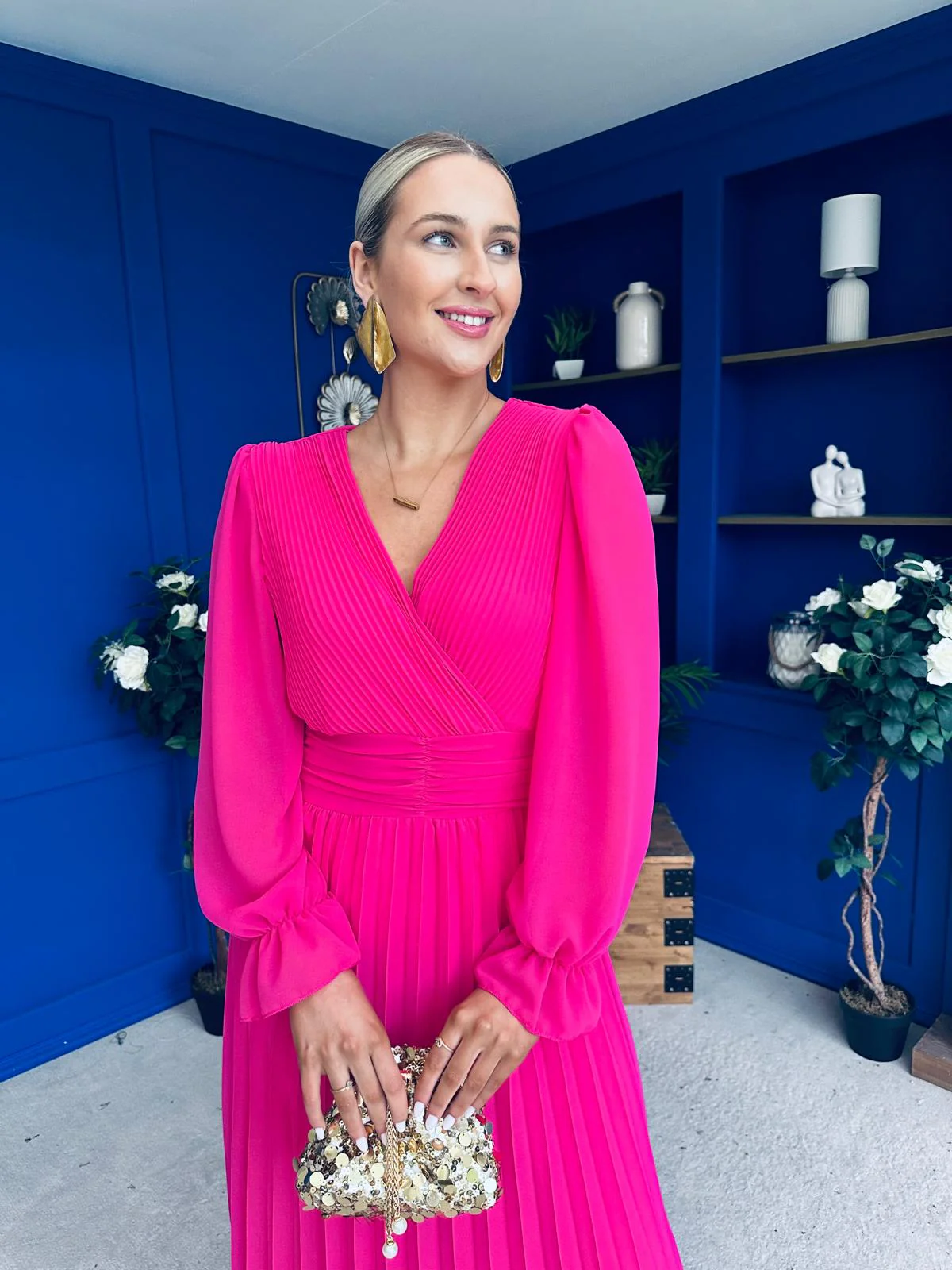 Clodagh Pleat Detailed Midi Dress Fuchsia - Image 7