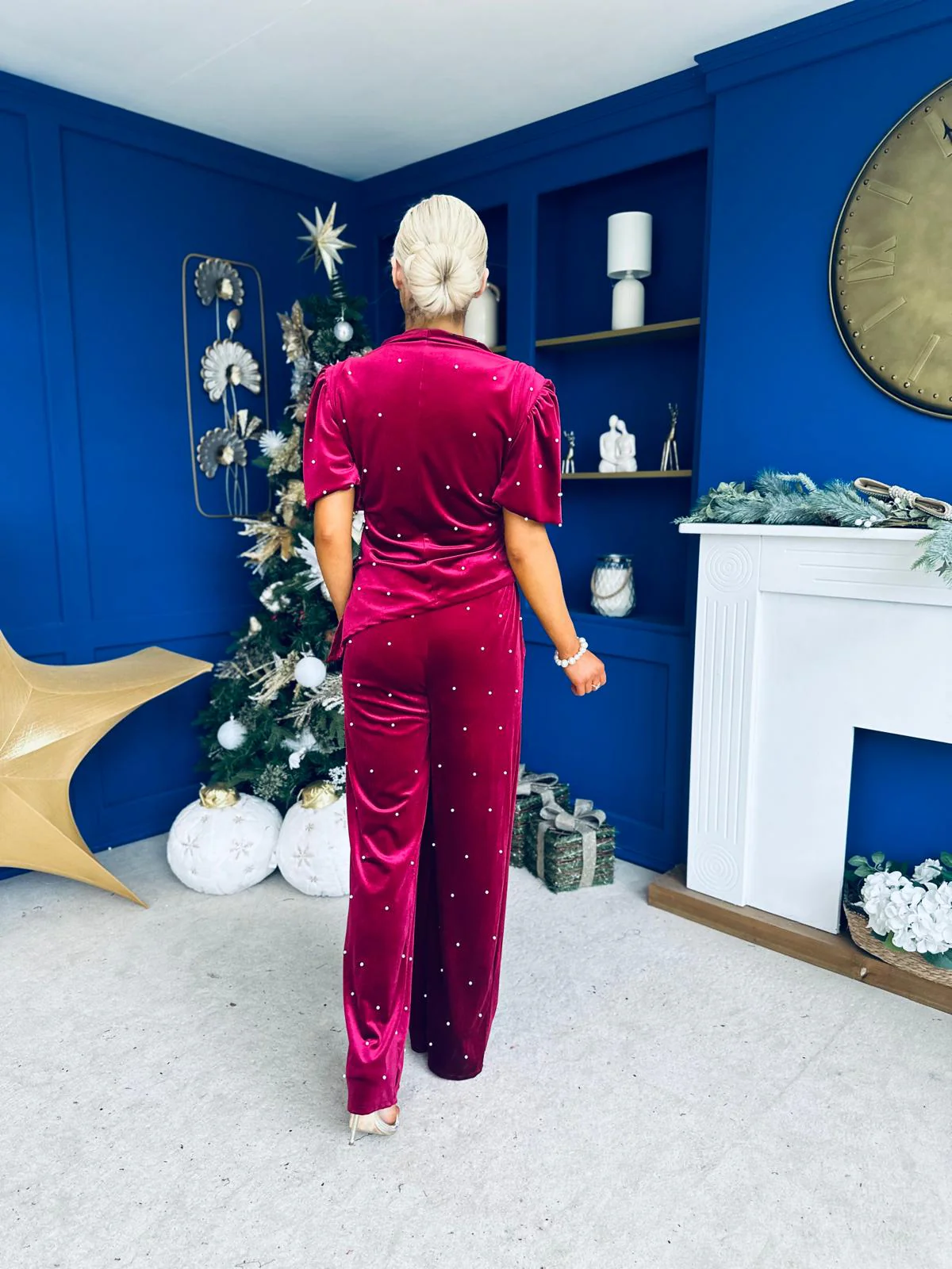 Kate Pearl Detail Top And Trouser Set Velvet Wine - Image 10